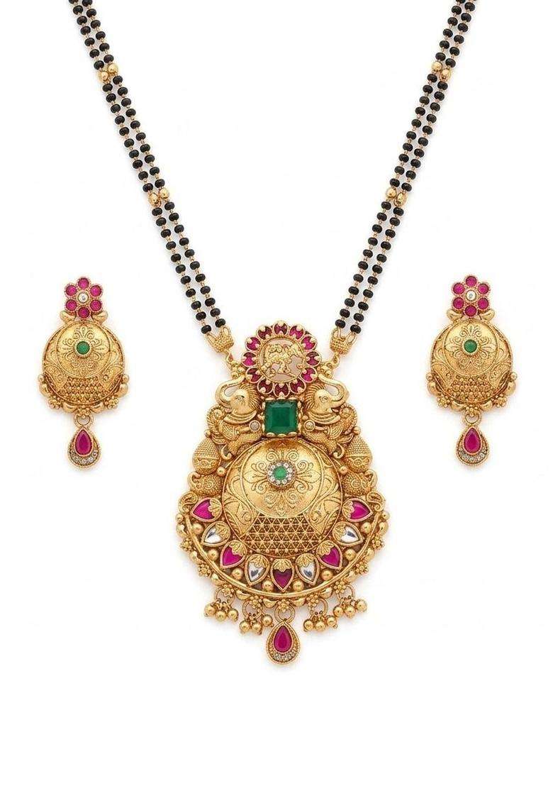 Gold-Plated Temple Amethyst Necklace and Earrings for Women | Traditional Temple Jewellery for Wedding & Festive Wear | Gift for Her - Indya