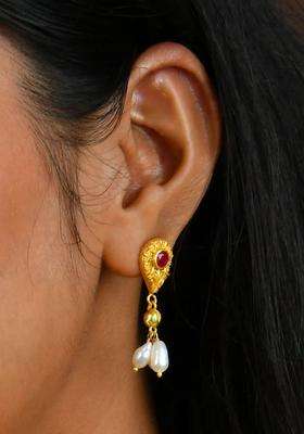 Gold-Plated Teardrop Shaped Drop Earrings with Pearl for Women | Traditional Temple Jewellery for Wedding & Festive Wear | Gift for Her