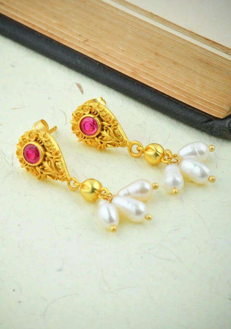 Gold-Plated Teardrop Shaped Drop Earrings with Pearl for Women | Traditional Temple Jewellery for Wedding & Festive Wear | Gift for Her - Indya
