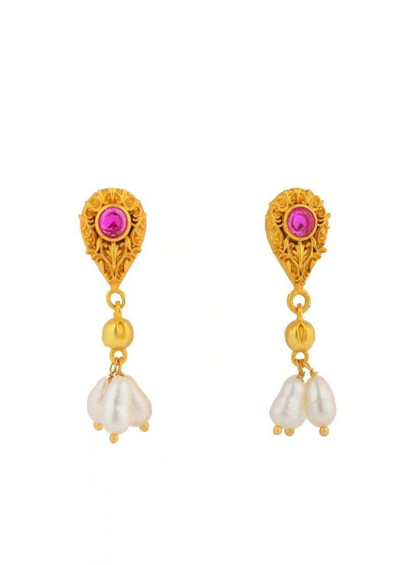 Gold-Plated Teardrop Shaped Drop Earrings with Pearl for Women | Traditional Temple Jewellery for Wedding & Festive Wear | Gift for Her - Indya