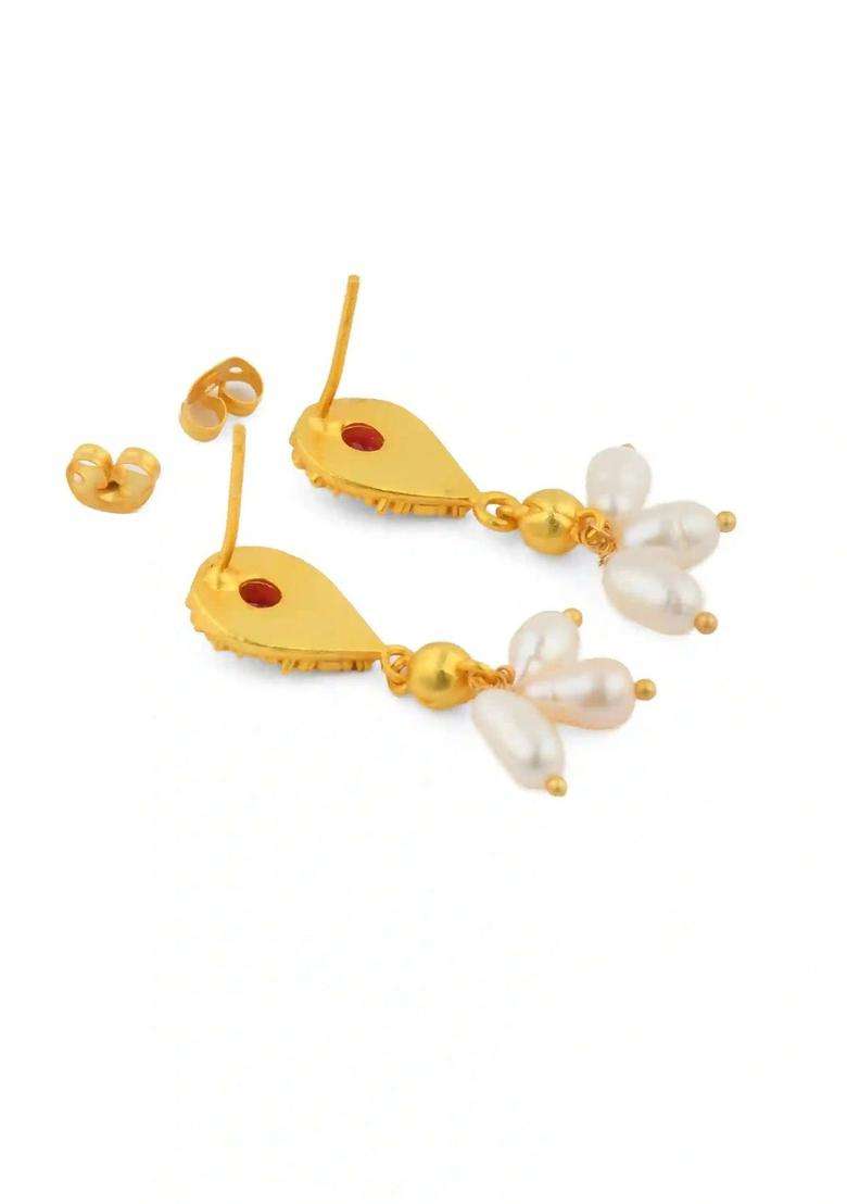 Gold-Plated Teardrop Shaped Drop Earrings with Pearl for Women | Traditional Temple Jewellery for Wedding & Festive Wear | Gift for Her - Indya