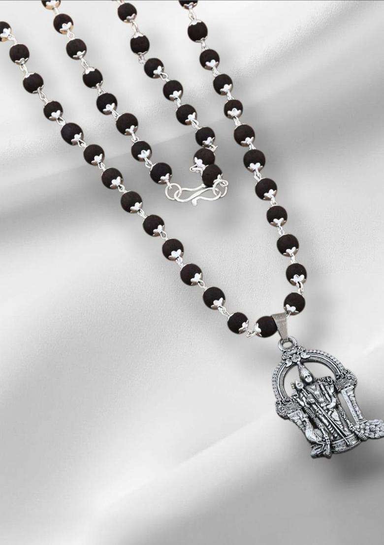 Silver-Plated Rudraksh Beaded Statement Temple Murungan Karungali Mala Necklace for Women | Traditional Temple Jewellery for Wedding & Festive Wear | Gift for Her - Indya