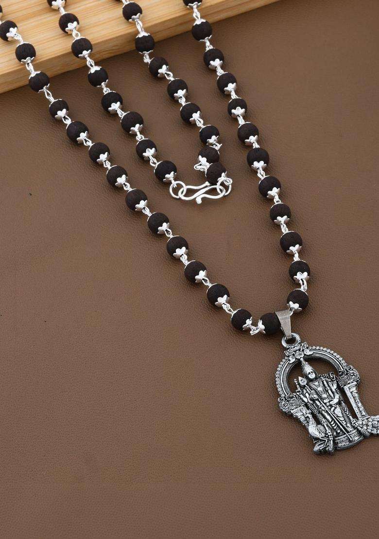 Silver-Plated Rudraksh Beaded Statement Temple Murungan Karungali Mala Necklace for Women | Traditional Temple Jewellery for Wedding & Festive Wear | Gift for Her - Indya