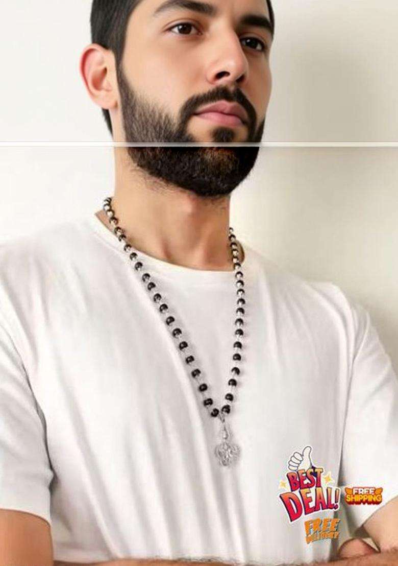 Silver-Plated Rudraksh Beaded Statement Temple Karunglai Mala Necklace for Men | Traditional Temple Jewellery for Wedding & Festive Wear | Gift for Him - Indya