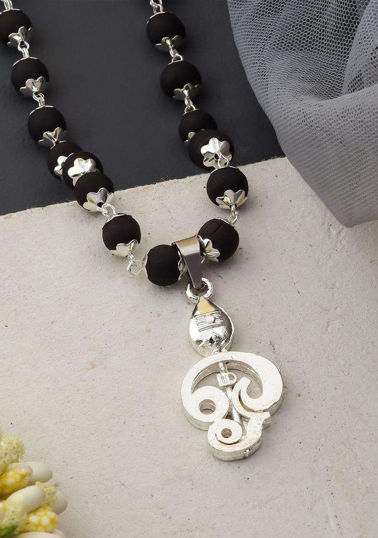 Silver-Plated Rudraksh Beaded Statement Temple Karungali Mala Necklace for Women | Traditional Temple Jewellery for Wedding & Festive Wear | Gift for Her - Indya