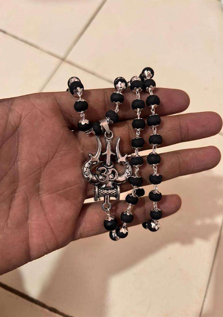 Silver-Plated Rudraksh Beaded Statement Temple Trishul Marungali Mala Necklace for Women | Traditional Temple Jewellery for Wedding & Festive Wear | Gift for Her - Indya