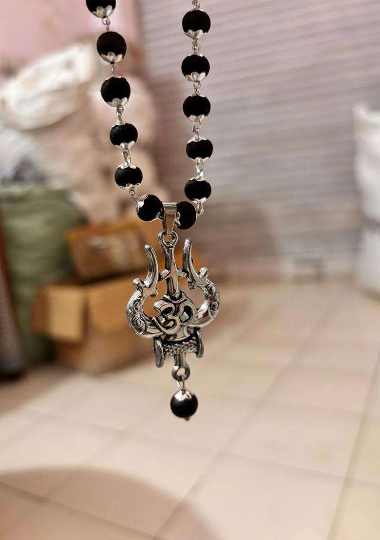 Silver-Plated Rudraksh Beaded Statement Temple Trishul Marungali Mala Necklace for Women | Traditional Temple Jewellery for Wedding & Festive Wear | Gift for Her - Indya