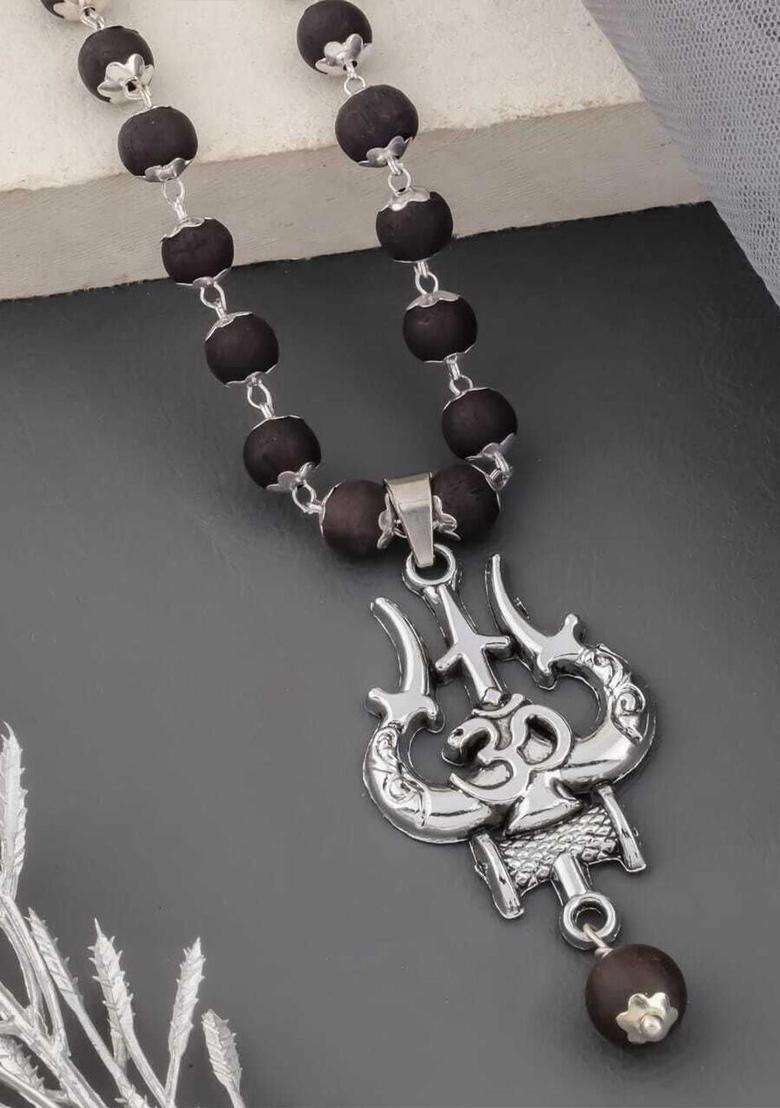 Silver-Plated Rudraksh Beaded Statement Temple Trishul Marungali Mala Necklace for Women | Traditional Temple Jewellery for Wedding & Festive Wear | Gift for Her - Indya