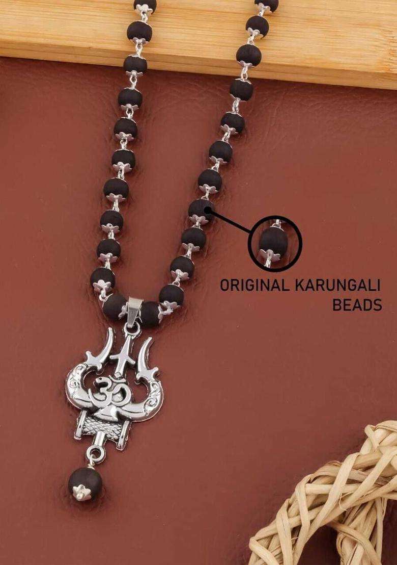Silver-Plated Rudraksh Beaded Statement Temple Trishul Marungali Mala Necklace for Women | Traditional Temple Jewellery for Wedding & Festive Wear | Gift for Her - Indya