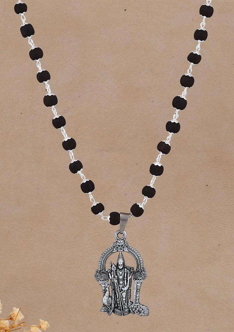 Silver-Plated Rudraksh Beaded Statement Murungan Karunglai Mala Necklace for Women | Traditional Temple Jewellery for Wedding & Festive Wear | Gift for Her - Indya