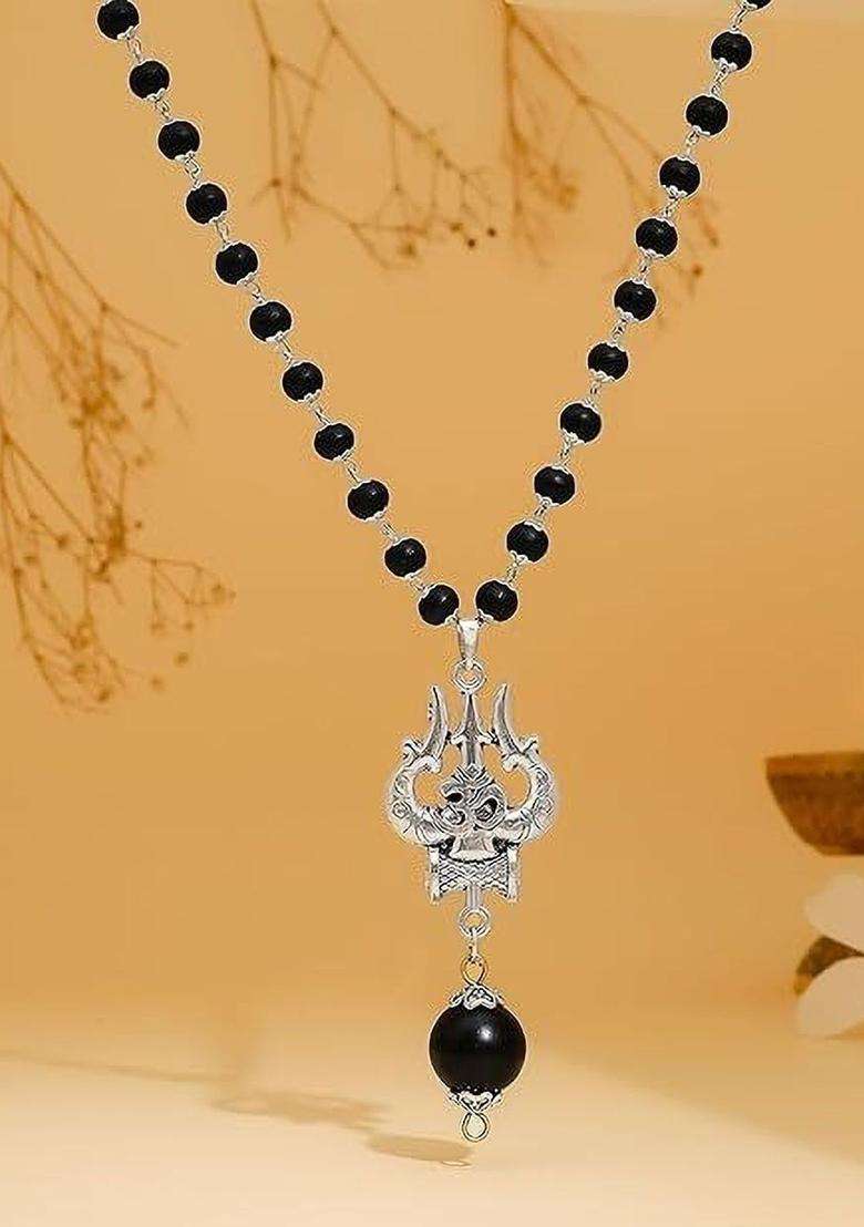 Silver-Plated Rudraksha Beaded Statement Temple Trishul Marungali Necklace for Men | Traditional Temple Jewellery for Wedding & Festive Wear | Gift for Him - Indya
