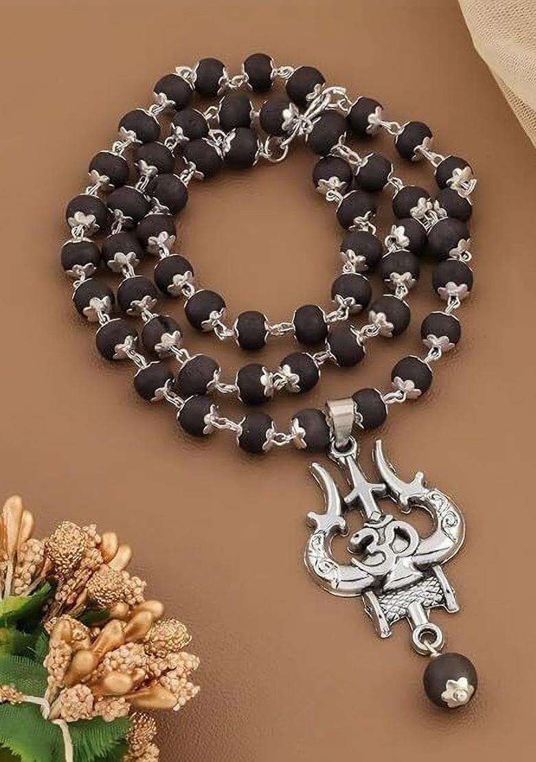 Silver-Plated Rudraksha Beaded Statement Temple Trishul Marungali Necklace for Men | Traditional Temple Jewellery for Wedding & Festive Wear | Gift for Him - Indya