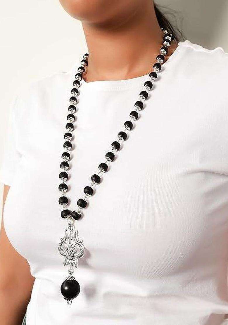 Silver-Plated Rudraksha Beaded Statement Temple Trishul Marungali Necklace for Men | Traditional Temple Jewellery for Wedding & Festive Wear | Gift for Him - Indya