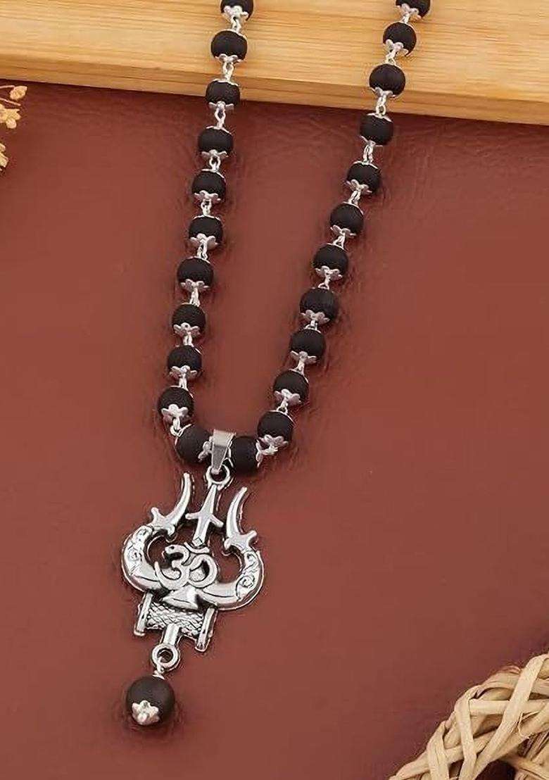 Silver-Plated Rudraksha Beaded Statement Temple Trishul Marungali Necklace for Men | Traditional Temple Jewellery for Wedding & Festive Wear | Gift for Him - Indya