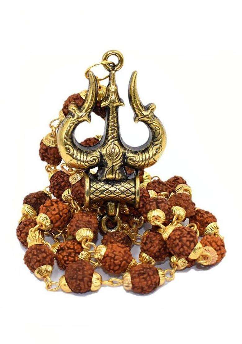 Gold-Plated Rudraksh Beaded Statement Temple Trishul Rudrakash Necklace for Men | Traditional Temple Jewellery for Wedding & Festive Wear | Gift for Him - Indya