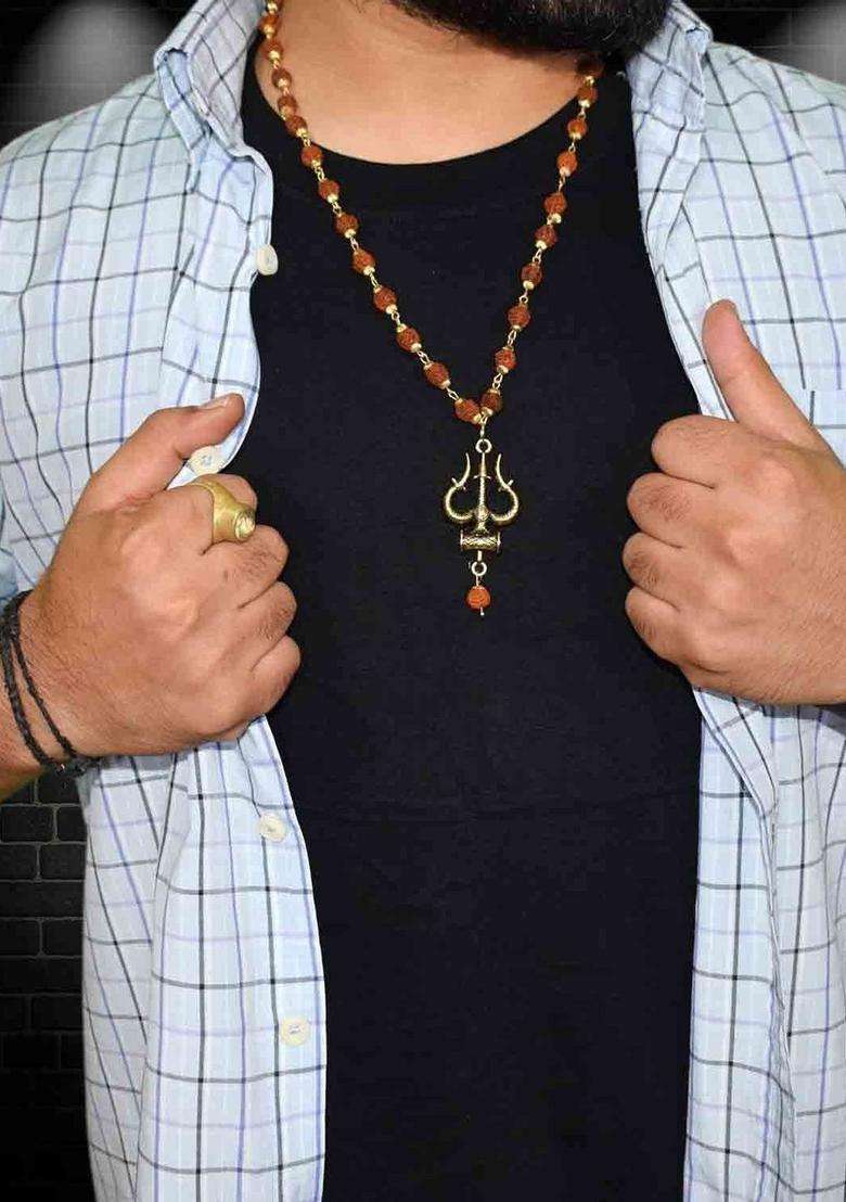 Gold-Plated Rudraksh Beaded Statement Temple Trishul Rudrakash Necklace for Men | Traditional Temple Jewellery for Wedding & Festive Wear | Gift for Him - Indya