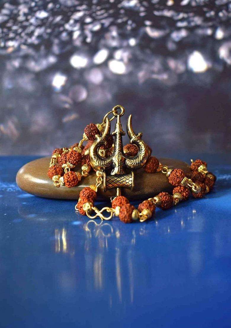 Gold-Plated Rudraksh Beaded Statement Temple Trishul Rudrakash Necklace for Men | Traditional Temple Jewellery for Wedding & Festive Wear | Gift for Him - Indya