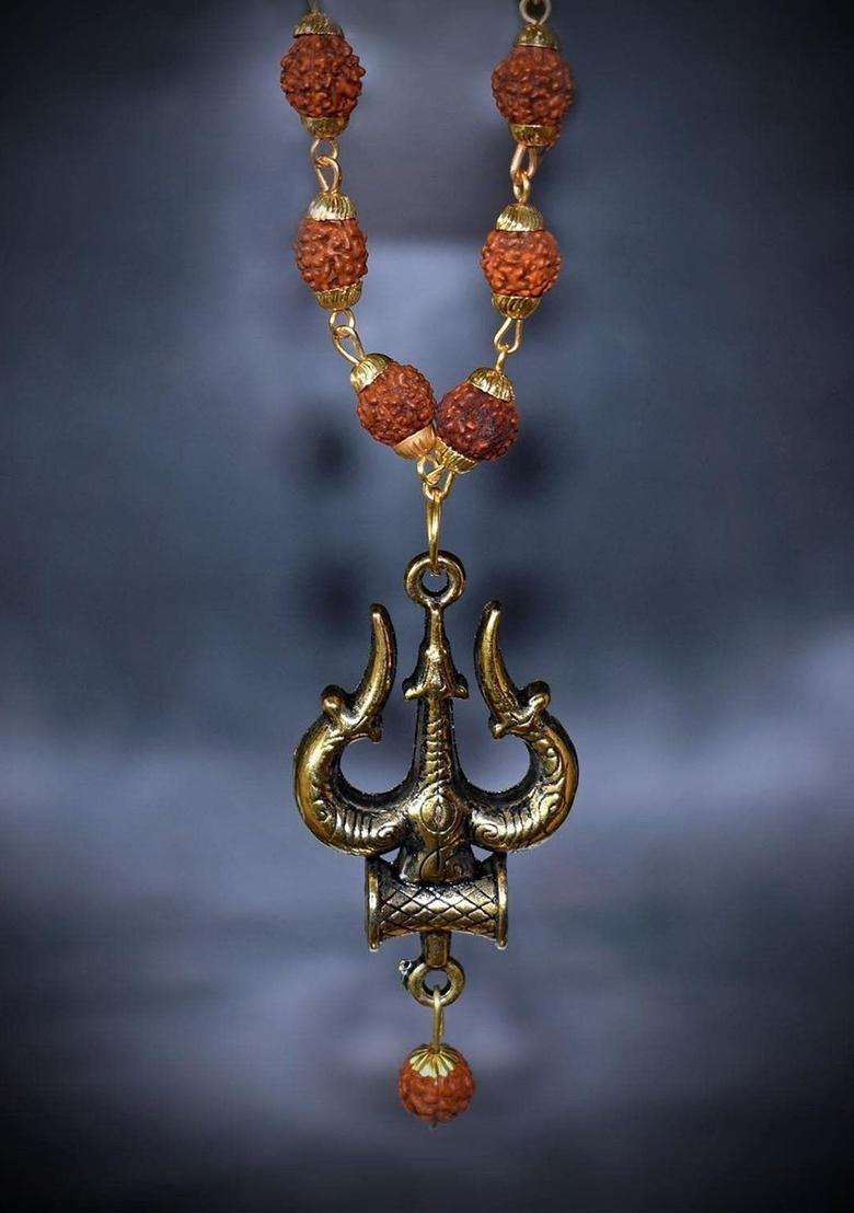 Gold-Plated Rudraksh Beaded Statement Temple Trishul Rudrakash Necklace for Men | Traditional Temple Jewellery for Wedding & Festive Wear | Gift for Him - Indya