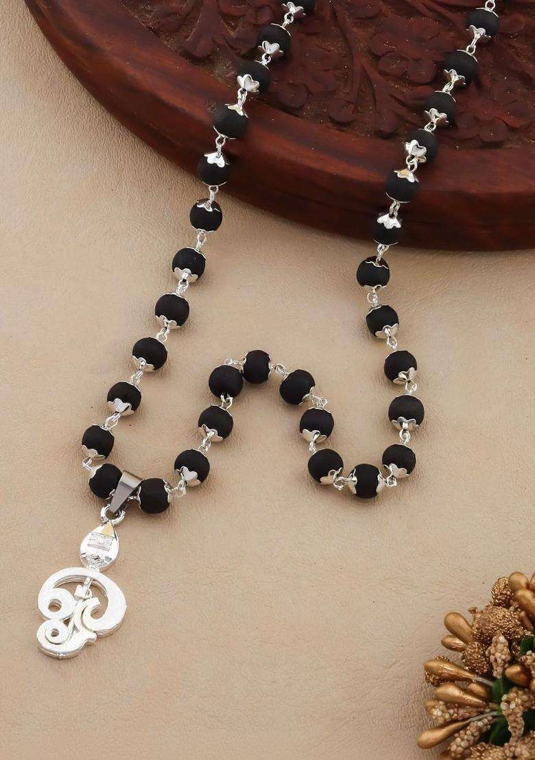 Silver-Plated Rudraksh Beaded Statement Temple Karungali Mala Necklace for Women | Traditional Temple Jewellery for Wedding & Festive Wear | Gift for Her - Indya