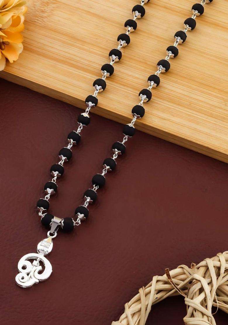 Silver-Plated Rudraksh Beaded Statement Temple Karungali Mala Necklace for Women | Traditional Temple Jewellery for Wedding & Festive Wear | Gift for Her - Indya