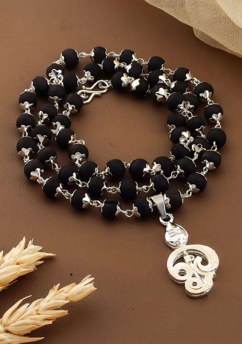 Silver-Plated Rudraksh Beaded Statement Temple Karungali Mala Necklace for Women | Traditional Temple Jewellery for Wedding & Festive Wear | Gift for Her - Indya