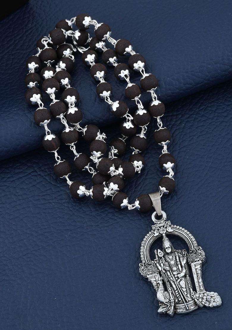 Silver-Plated Rudraksh Beaded Statement Temple Murungan Karunglai Mala Necklace for Women | Traditional Temple Jewellery for Wedding & Festive Wear | Gift for Her - Indya