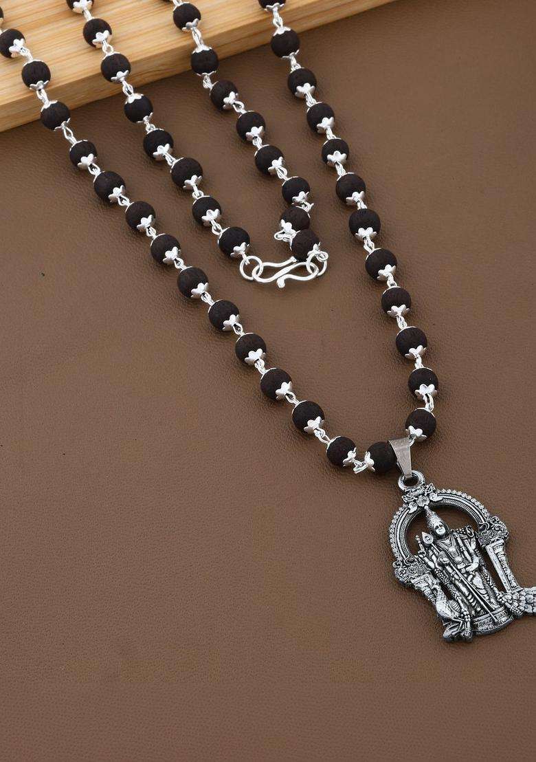 Silver-Plated Rudraksh Beaded Statement Temple Murungan Karunglai Mala Necklace for Women | Traditional Temple Jewellery for Wedding & Festive Wear | Gift for Her - Indya
