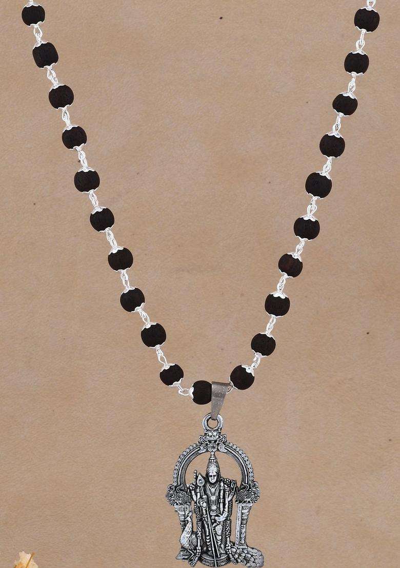 Silver-Plated Rudraksh Beaded Statement Temple Murungan Karunglai Mala Necklace for Women | Traditional Temple Jewellery for Wedding & Festive Wear | Gift for Her - Indya