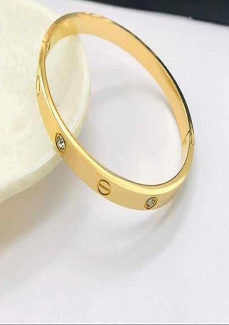 Gold-Plated Stainless Steel American Diamond Studded Bangle-Style Bracelet for Men & Women | Stylish Party & Everyday Wear | Festive Gift - Indya