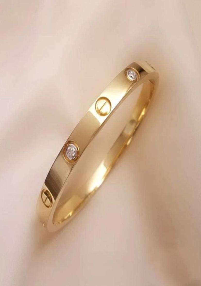 Gold-Plated Stainless Steel American Diamond Studded Bangle-Style Bracelet for Men & Women | Stylish Party & Everyday Wear | Festive Gift - Indya