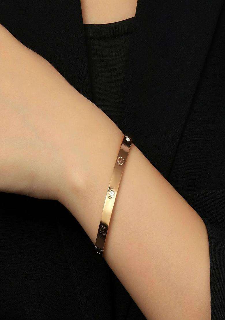 Gold-Plated Stainless Steel American Diamond Studded Bangle-Style Bracelet for Men & Women | Stylish Party & Everyday Wear | Festive Gift - Indya