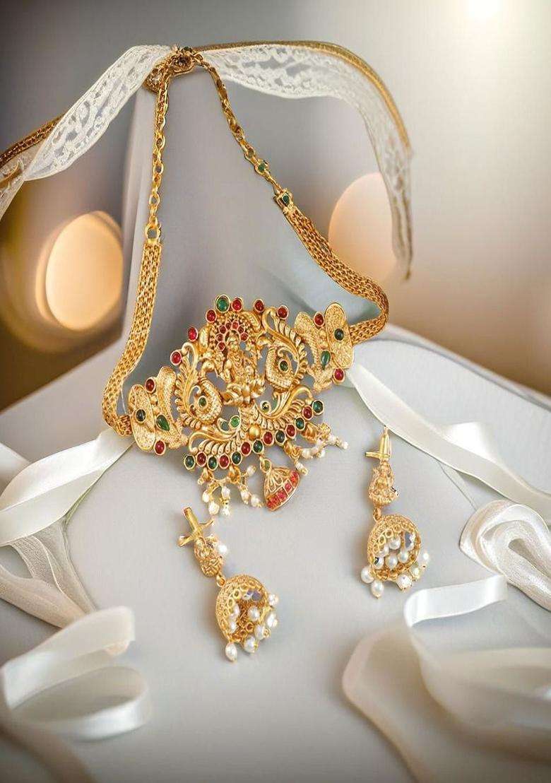Gold-Plated Stone-Studded & Beaded Goddess Lakshmi Temple Jewellery Set for Women | Traditional Temple Jewellery for Wedding & Festive Wear | Gift for Her - Indya