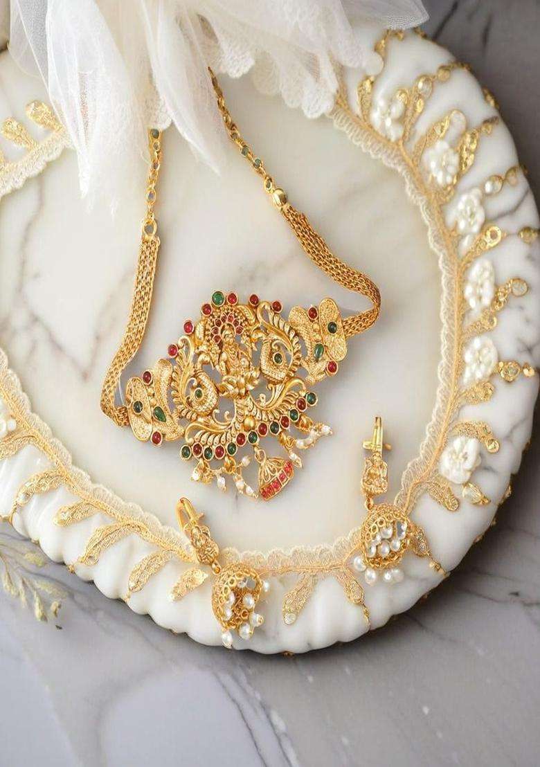 Gold-Plated Stone-Studded & Beaded Goddess Lakshmi Temple Jewellery Set for Women | Traditional Temple Jewellery for Wedding & Festive Wear | Gift for Her - Indya