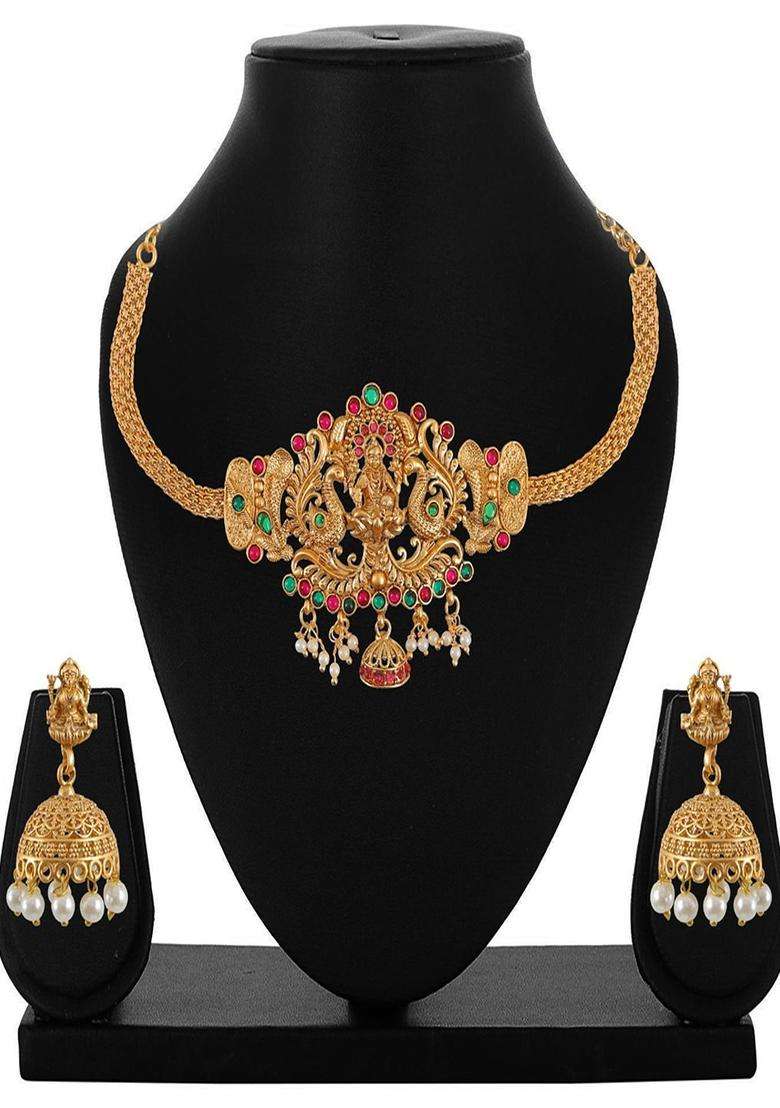 Gold-Plated Stone-Studded & Beaded Goddess Lakshmi Temple Jewellery Set for Women | Traditional Temple Jewellery for Wedding & Festive Wear | Gift for Her - Indya