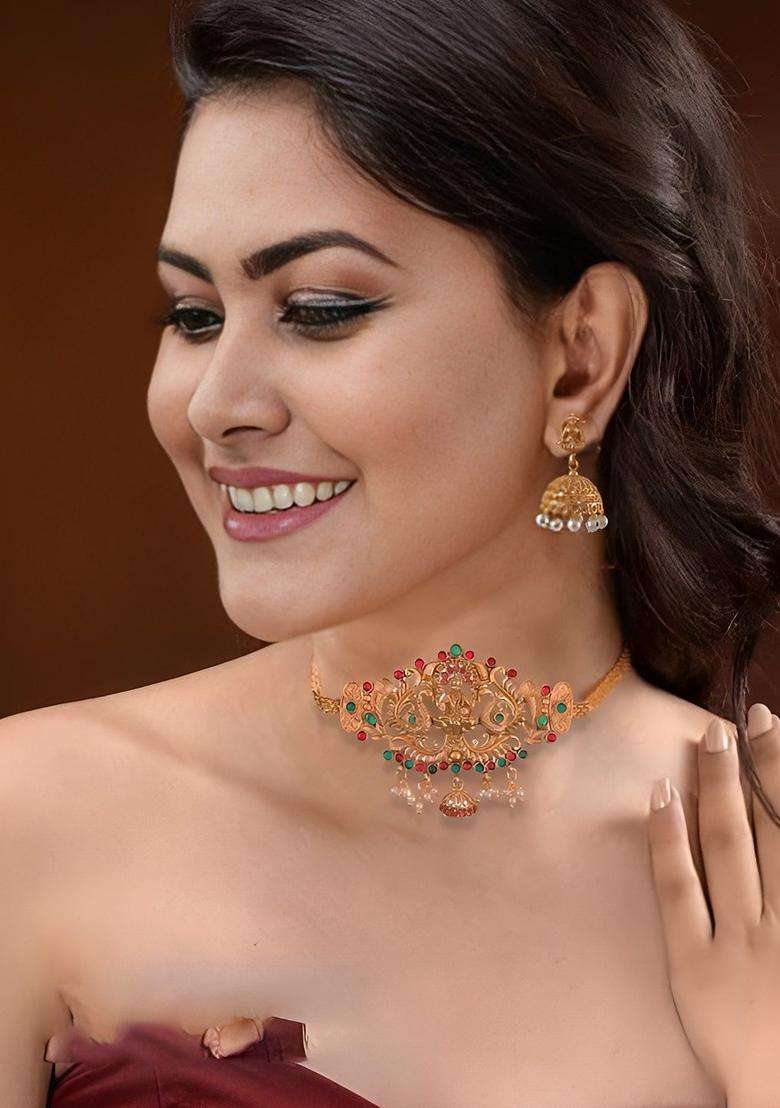 Gold-Plated Stone-Studded & Beaded Goddess Lakshmi Temple Jewellery Set for Women | Traditional Temple Jewellery for Wedding & Festive Wear | Gift for Her - Indya