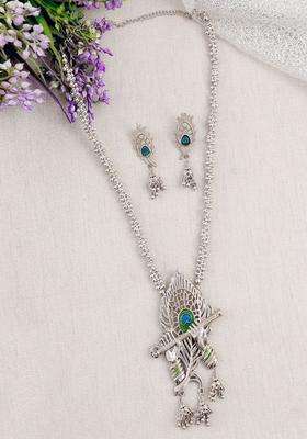 Silver-Plated Radha Krishna Flute Bansuri Jewellery Set for Women | Traditional Temple Jewellery for Wedding & Festive Wear | Gift for Her