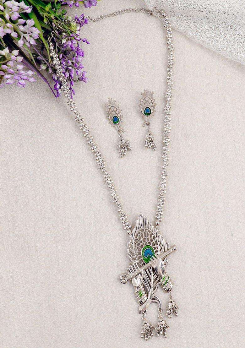 Silver-Plated Radha Krishna Flute Bansuri Jewellery Set for Women | Traditional Temple Jewellery for Wedding & Festive Wear | Gift for Her - Indya