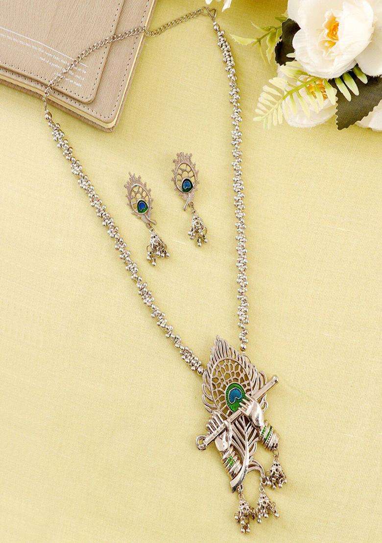 Silver-Plated Radha Krishna Flute Bansuri Jewellery Set for Women | Traditional Temple Jewellery for Wedding & Festive Wear | Gift for Her - Indya