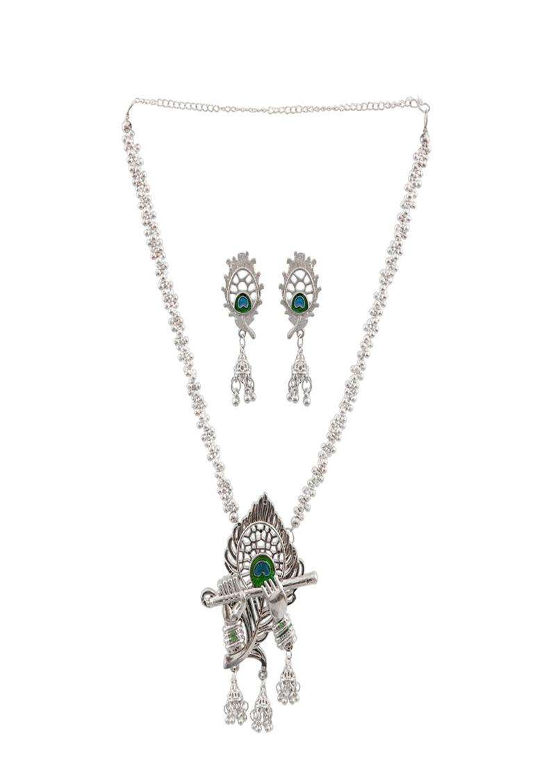 Silver-Plated Radha Krishna Flute Bansuri Jewellery Set for Women | Traditional Temple Jewellery for Wedding & Festive Wear | Gift for Her - Indya