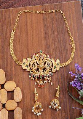 Gold-Plated Stone-Studded & Pearl Beaded Jewellery Set for Women | Traditional Temple Jewellery for Wedding & Festive Wear | Gift for Her
