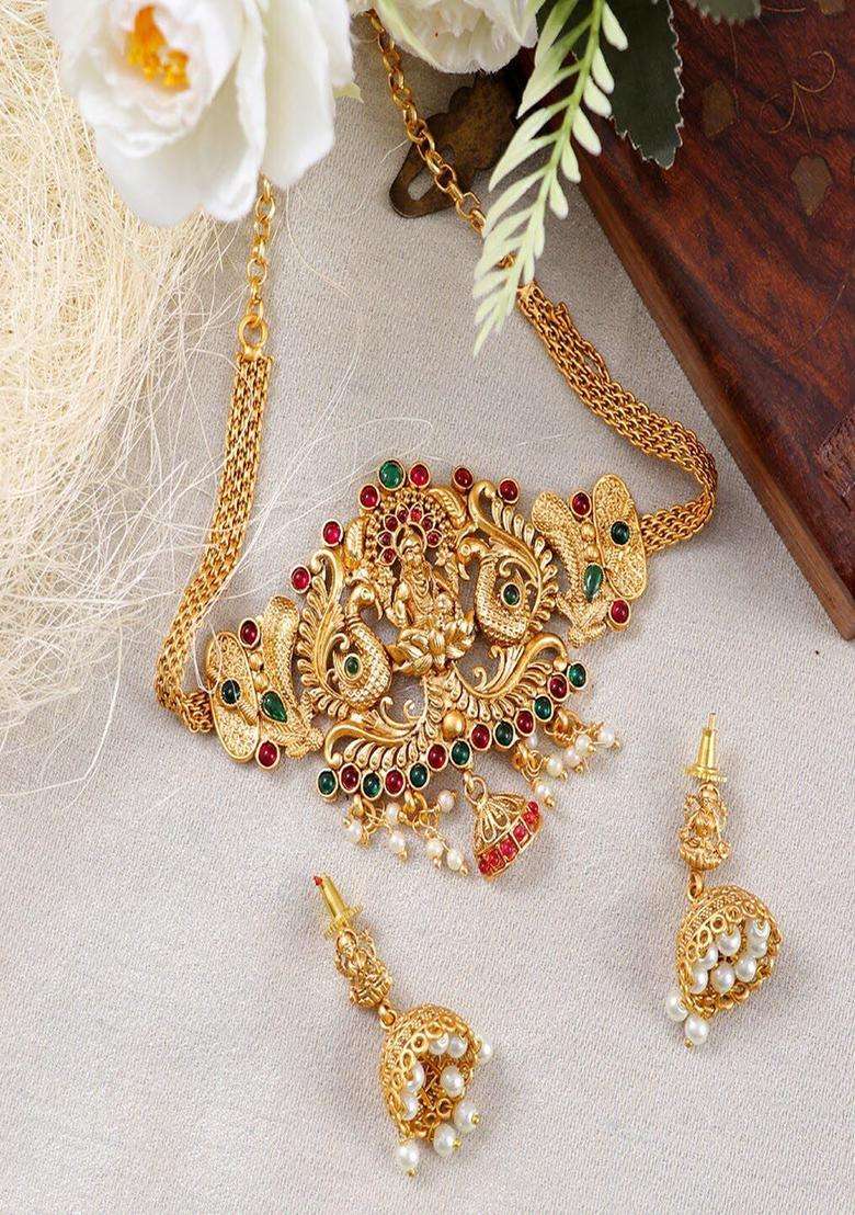 Gold-Plated Stone-Studded & Pearl Beaded Jewellery Set for Women | Traditional Temple Jewellery for Wedding & Festive Wear | Gift for Her - Indya