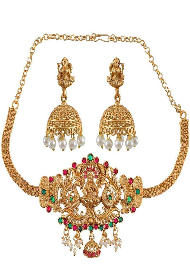 Gold-Plated Stone-Studded & Pearl Beaded Jewellery Set for Women | Traditional Temple Jewellery for Wedding & Festive Wear | Gift for Her - Indya