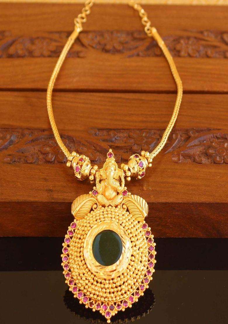 Copper Gold-Plated Temple Necklace with Agate Stone for Women | Traditional Temple Jewellery for Wedding & Festive Wear | Gift for Her - Indya