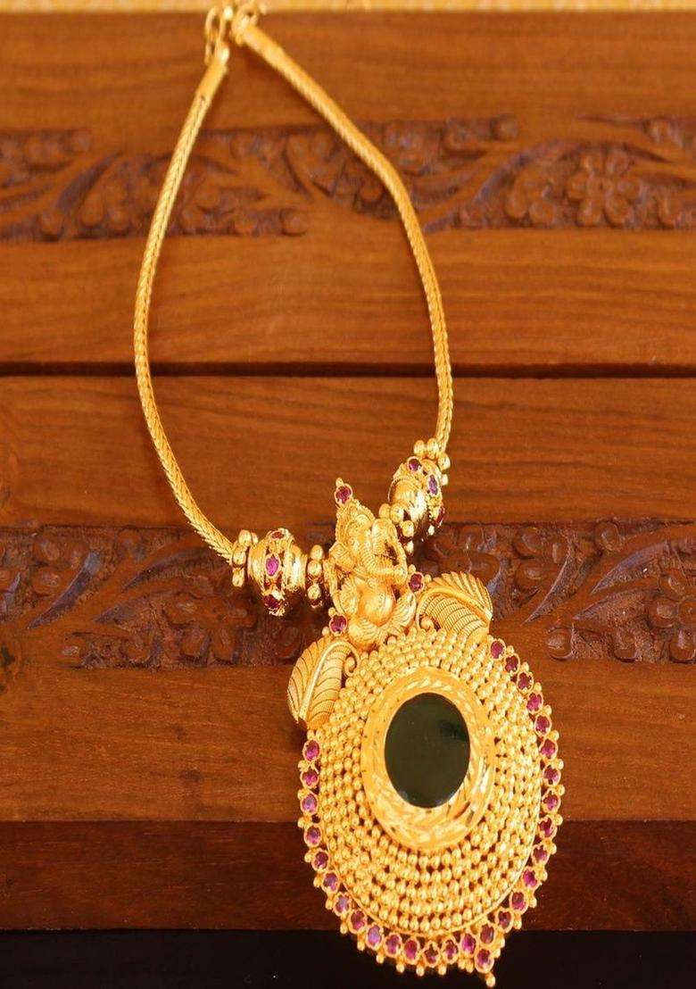 Copper Gold-Plated Temple Necklace with Agate Stone for Women | Traditional Temple Jewellery for Wedding & Festive Wear | Gift for Her - Indya