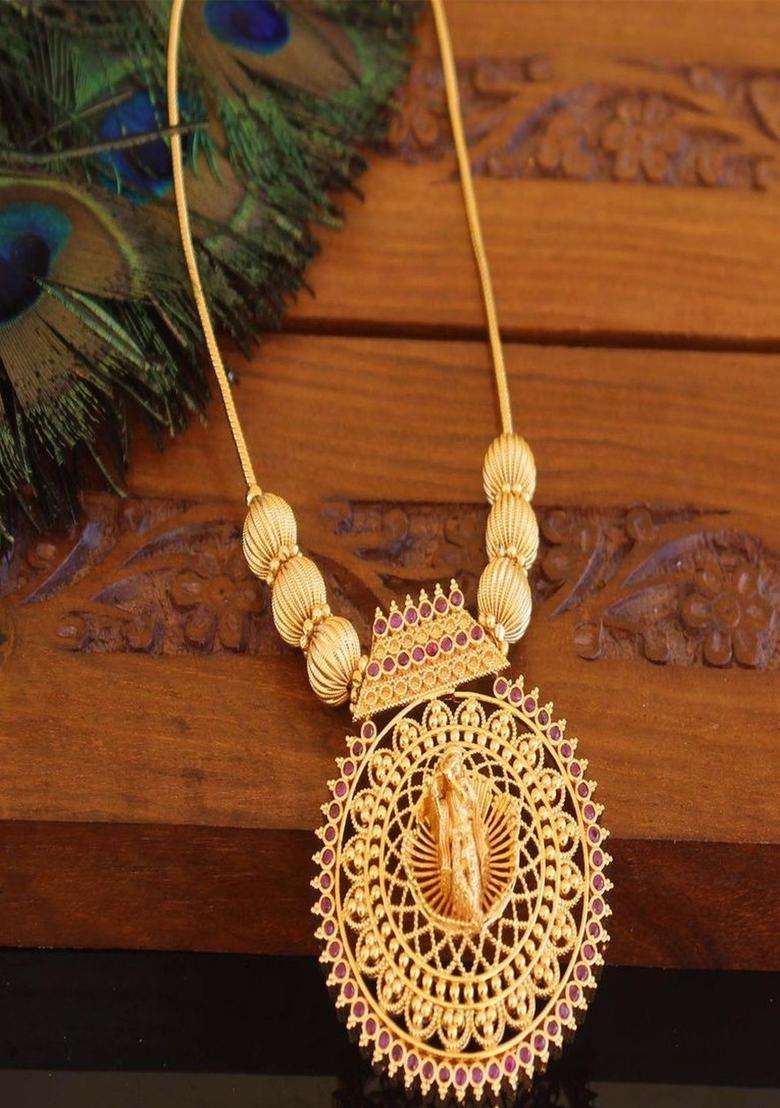 Copper Gold-Plated Temple Necklace with Agate Stone for Women | Traditional Temple Jewellery for Wedding & Festive Wear | Gift for Her - Indya