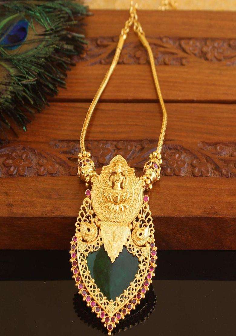 Copper Gold-Plated Temple Necklace with Agate Stone for Women | Traditional Temple Jewellery for Wedding & Festive Wear | Gift for Her - Indya