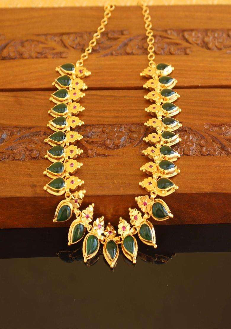 Copper Gold-Plated Temple Necklace with Agate Stone for Women | Traditional Temple Jewellery for Wedding & Festive Wear | Gift for Her - Indya