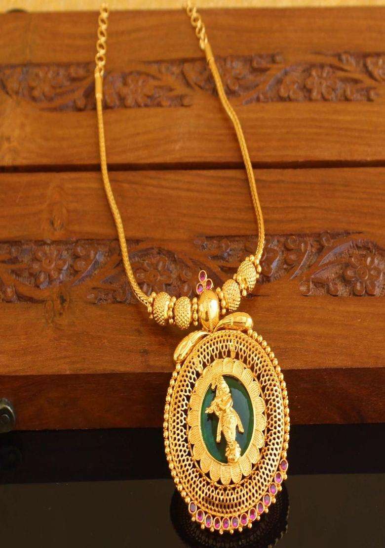 Copper Gold-Plated Temple Necklace with Agate Stone for Women | Traditional Temple Jewellery for Wedding & Festive Wear | Gift for Her - Indya
