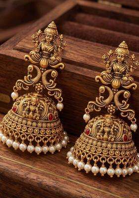 Gold-Plated Geometric Jhumkas Earrings with Pearl for Women | Traditional Temple Jewellery for Wedding & Festive Wear | Gift for Her