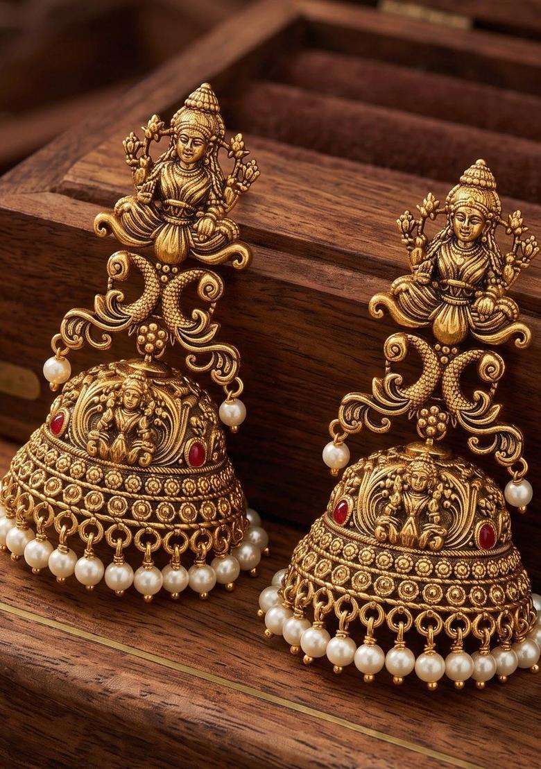 Gold-Plated Geometric Jhumkas Earrings with Pearl for Women | Traditional Temple Jewellery for Wedding & Festive Wear | Gift for Her - Indya
